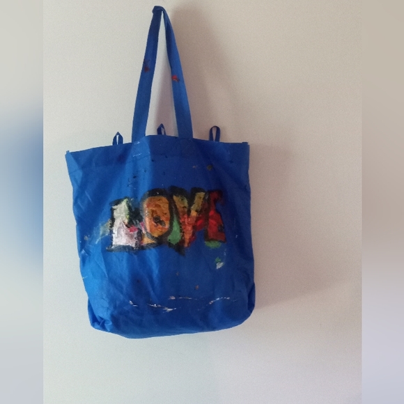 Crude Folk Art "LOVE" Nylon Reusable Tote Hand Painted Tote - Picture 3 of 6